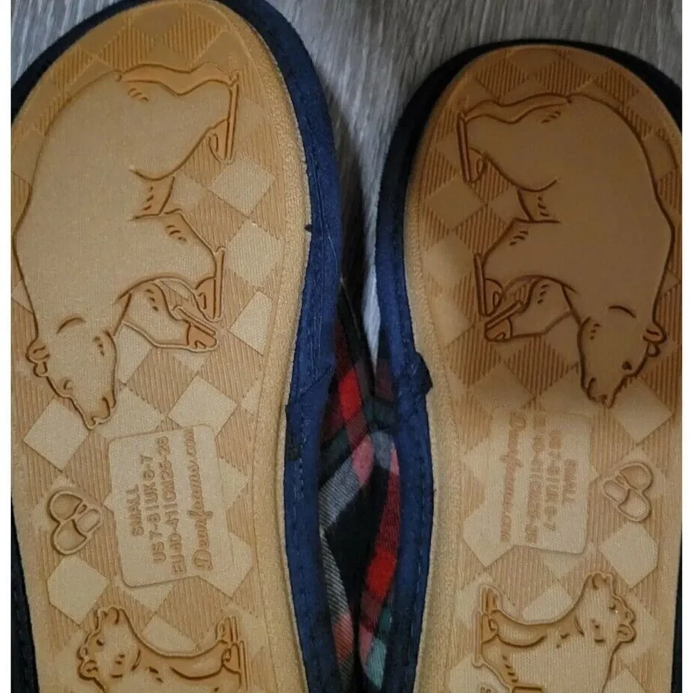 Dearfoams PAPA BEAR Navy/Red/Grn Plaid Clog Memory Foam Slippers Mens S 7-8